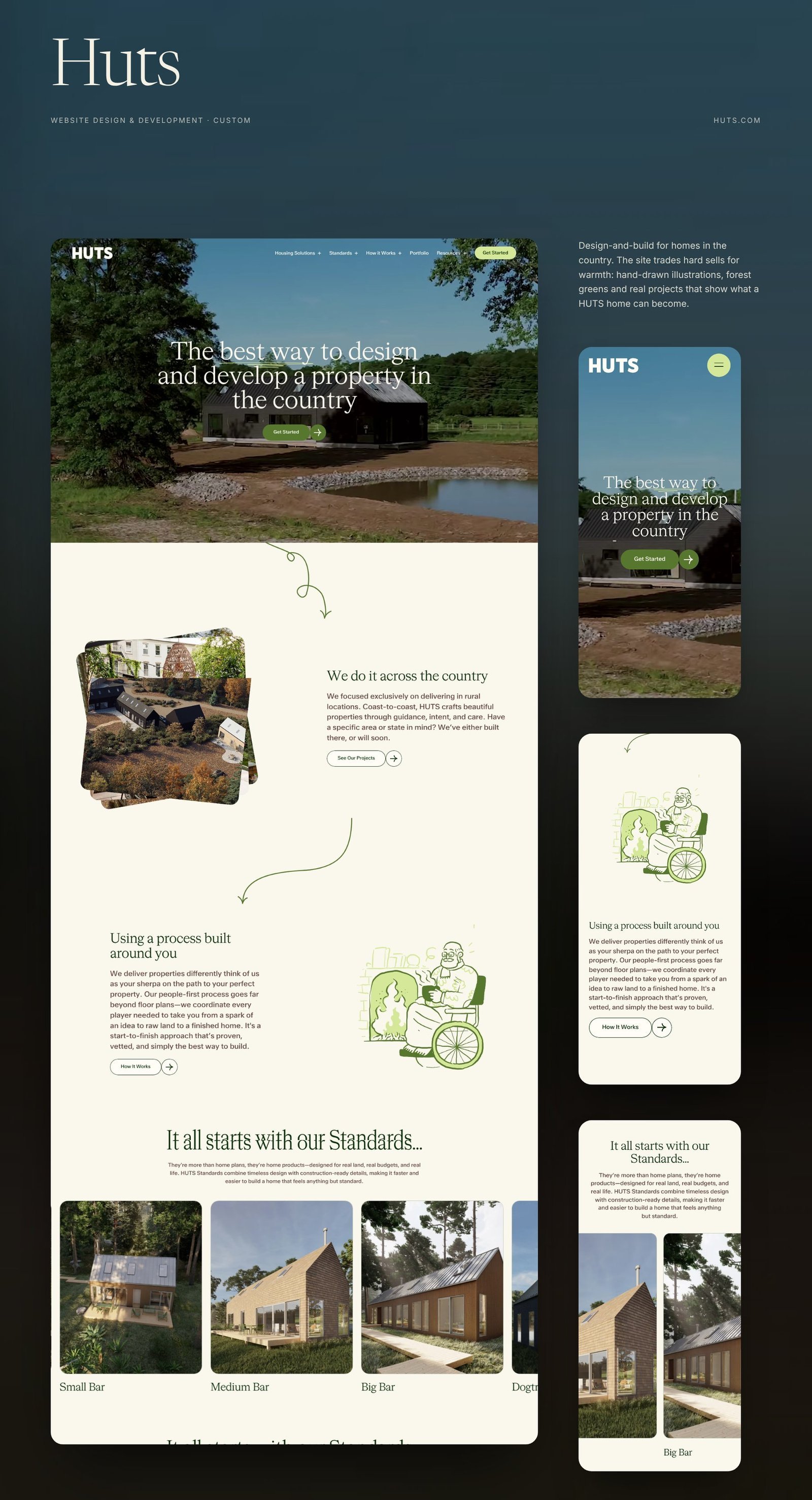 HUTS full homepage design with mobile sections