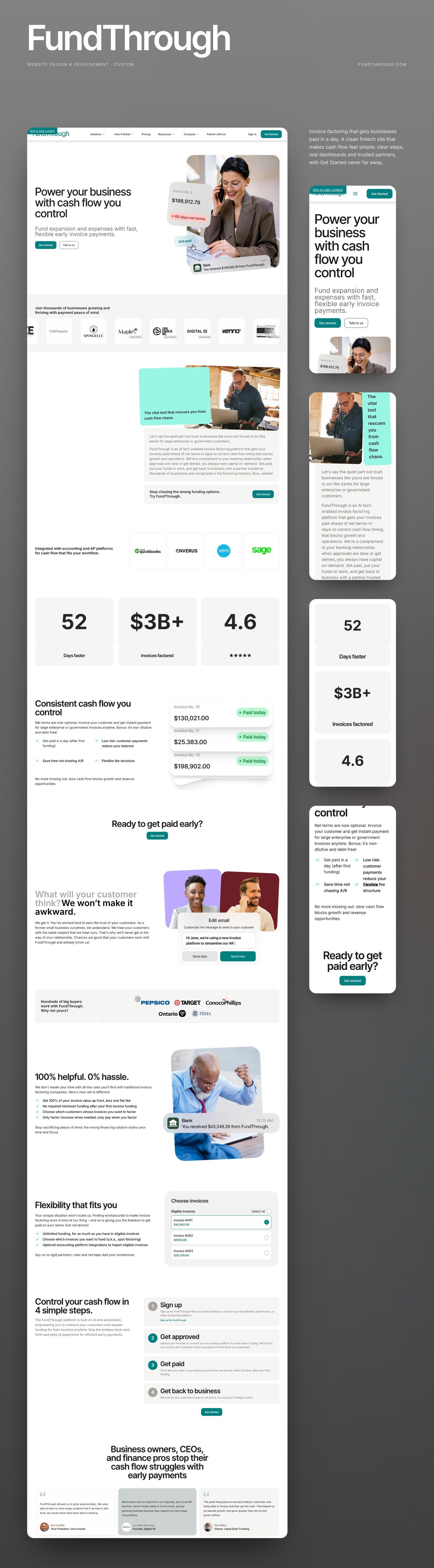 FundThrough full homepage design with mobile sections