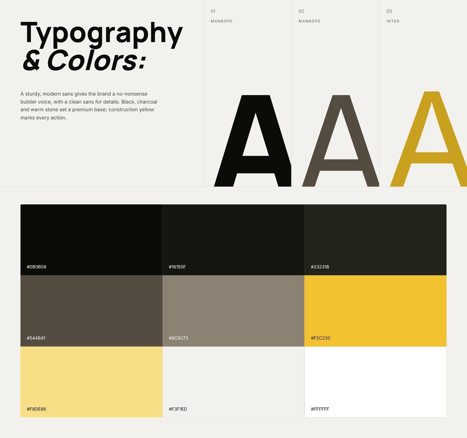 The Renovators typography and colour palette