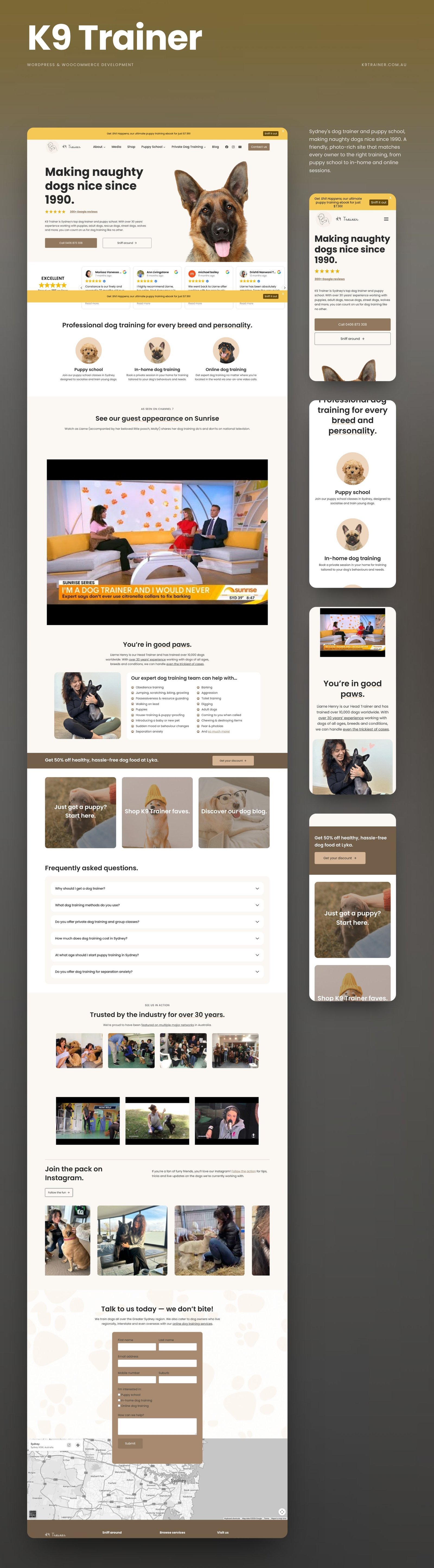 K9 Trainer full homepage design with mobile sections
