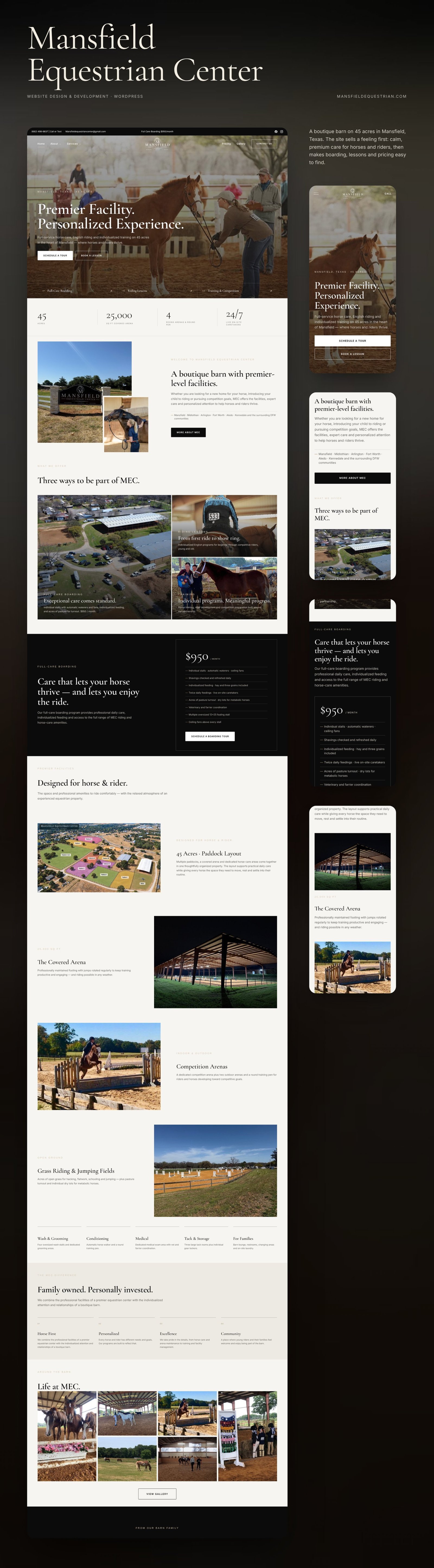 Mansfield Equestrian Center full homepage design with mobile sections