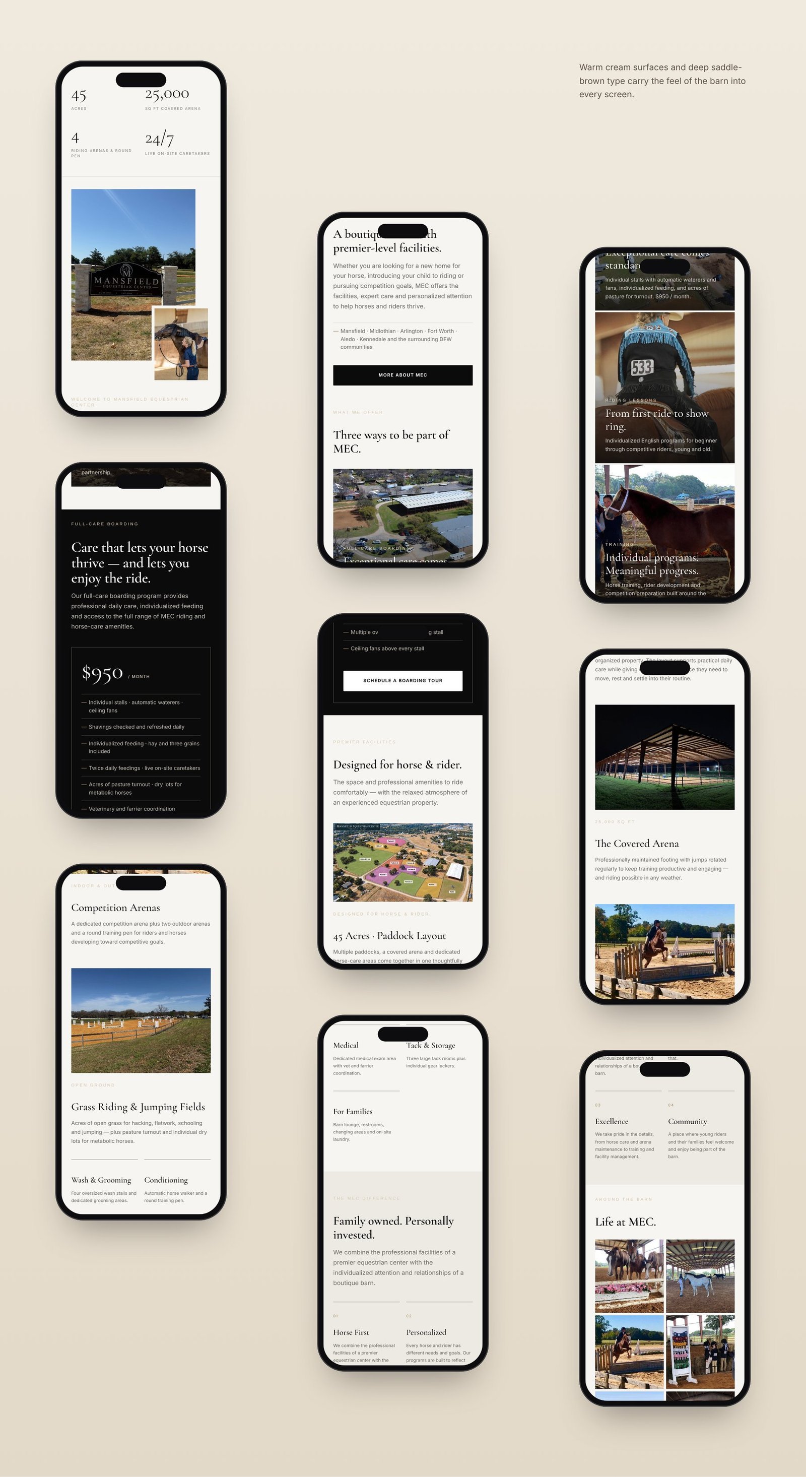 Mansfield Equestrian Center mobile website screens