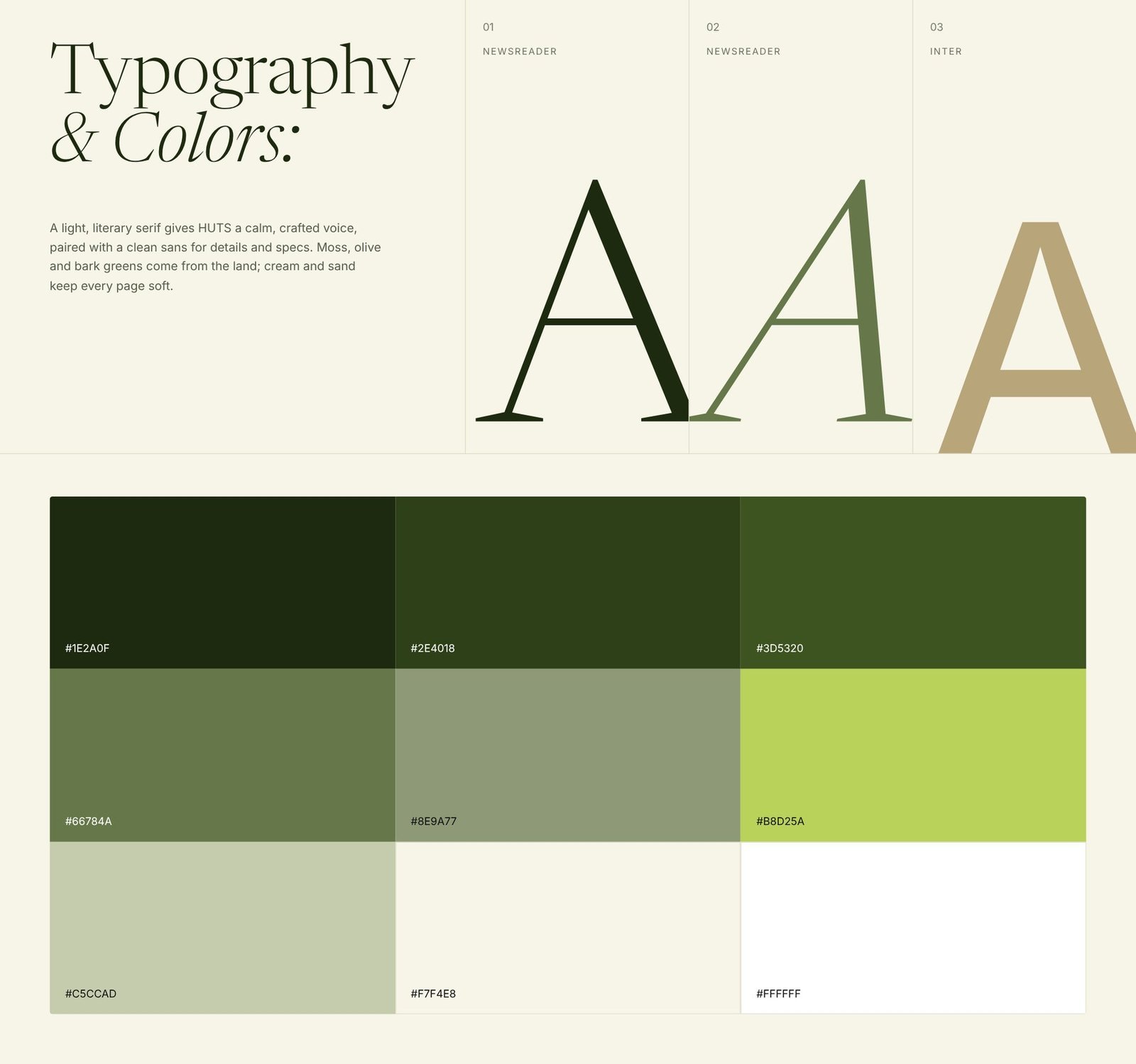 HUTS typography and colour palette