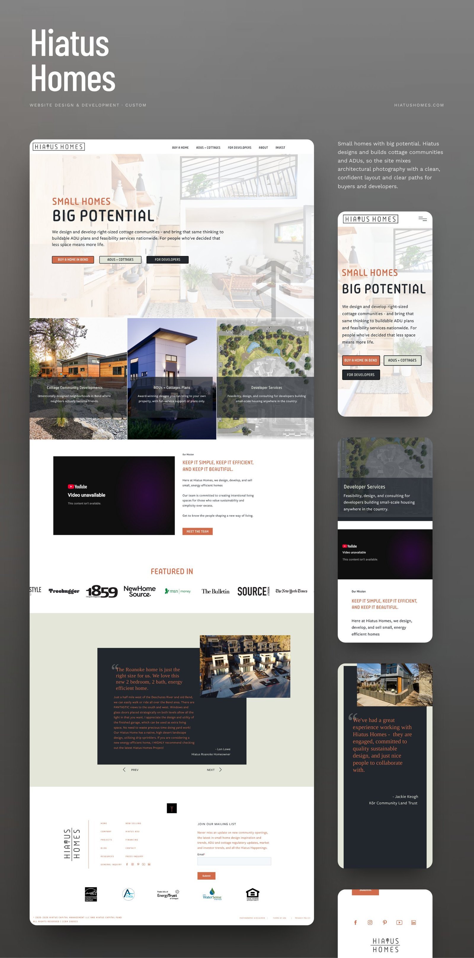 Hiatus Homes full homepage design with mobile sections