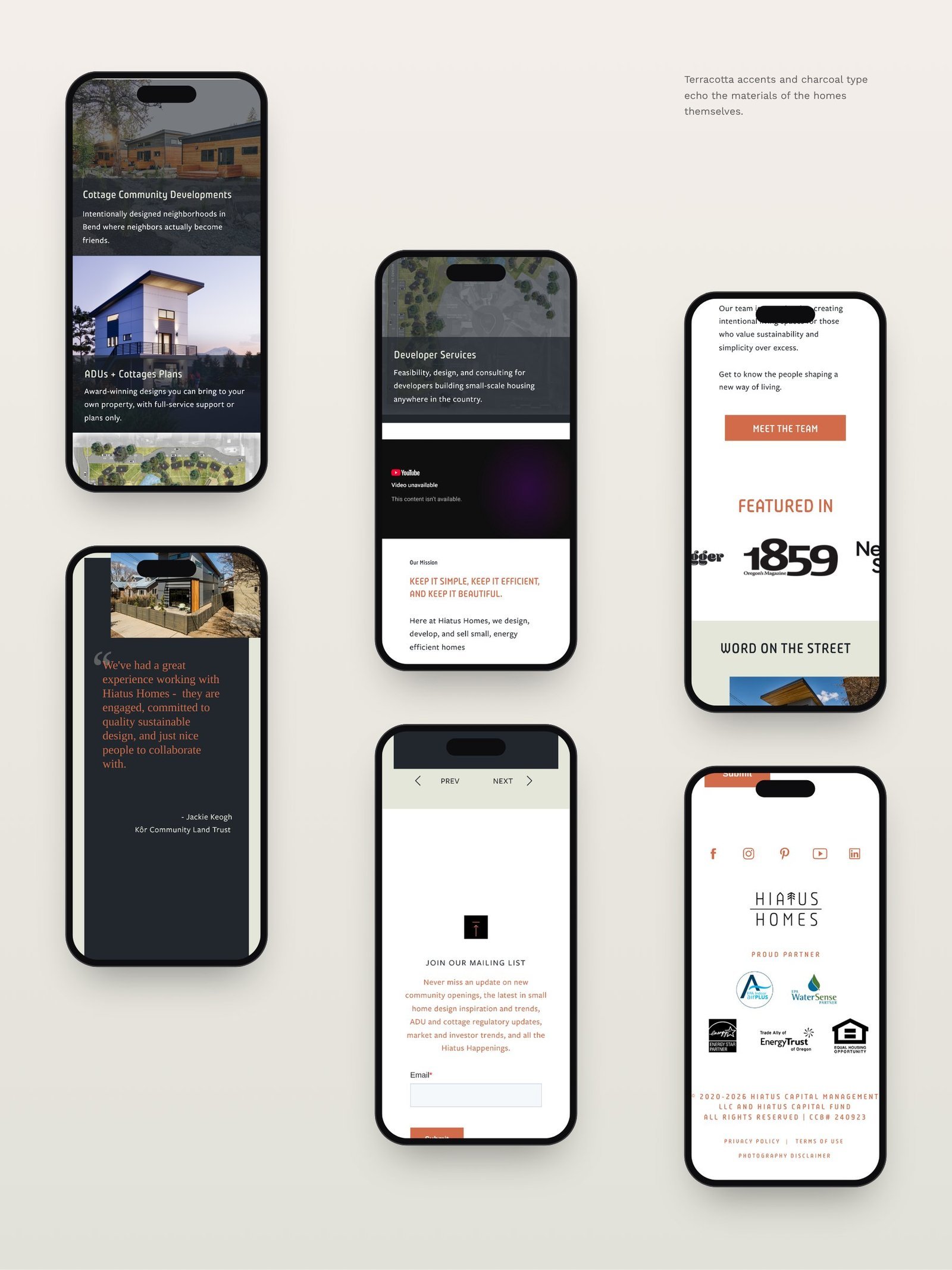 Hiatus Homes mobile screens