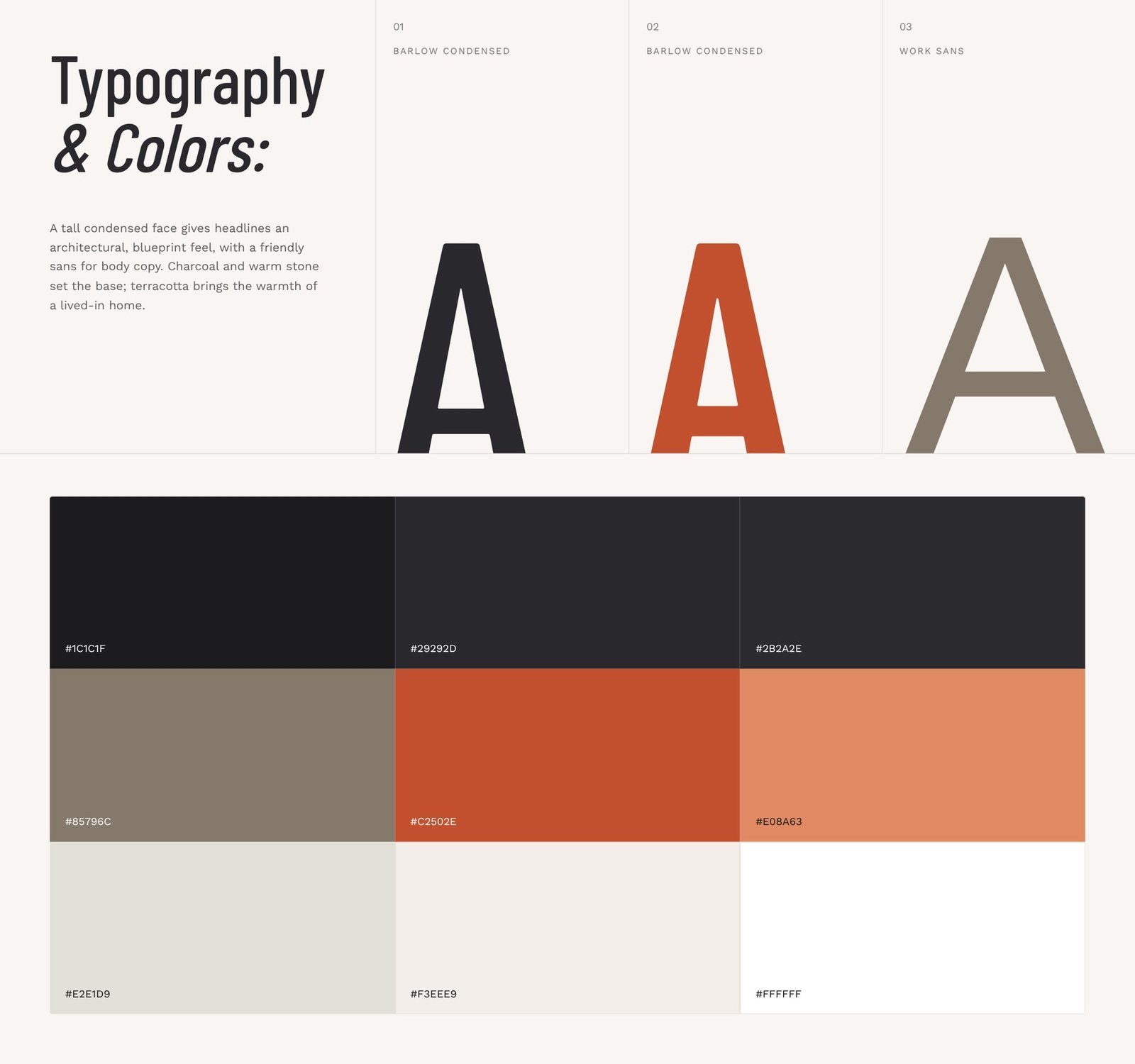 Hiatus Homes typography and colour palette
