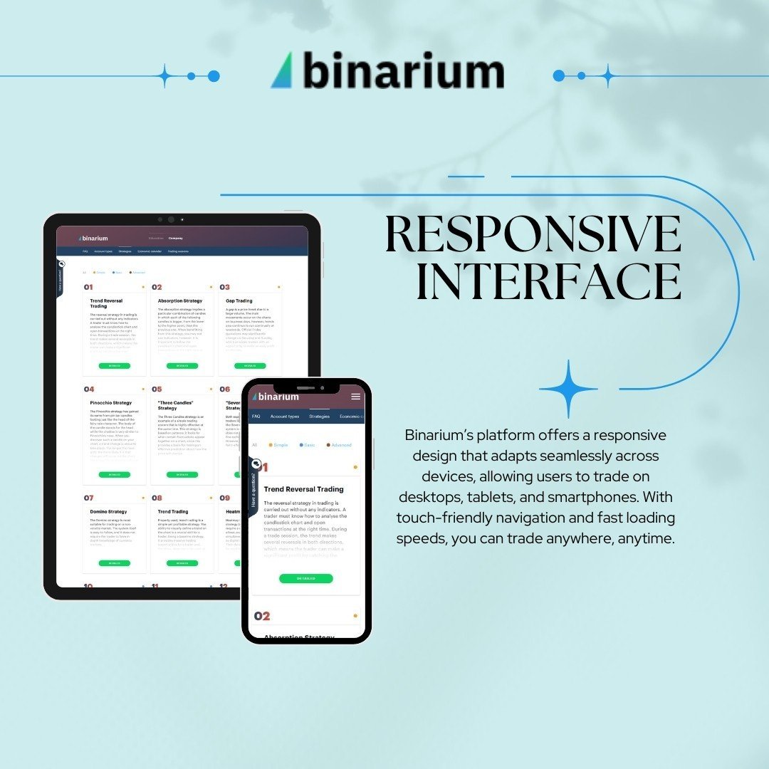 Binarium responsive interface on tablet and phone